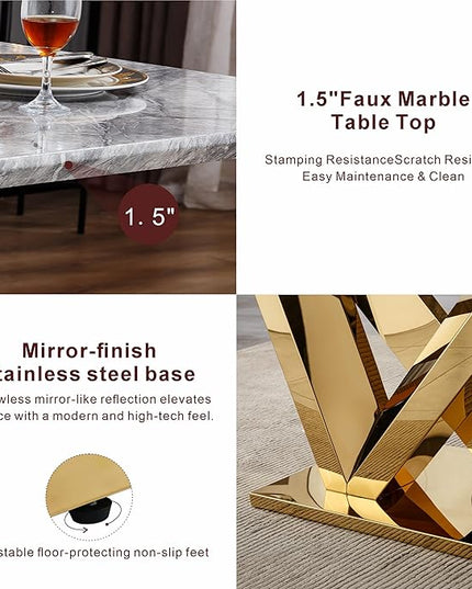 70 Inch Modern Rectangular Dining Table for 6, Faux Marble Top with Mirrored Stainless Steel Base, Large Kitchen Table for Dining Room, Living Room, Office, Conference, (Table Only) (Gold + Grey)