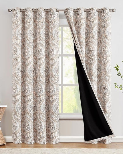 jinchan Blackout Curtains 84 Inches Long Brown Damask Medallion Window Curtains for Bedroom Grommet Thermal Insulated Drapes for Living Room Vintage Luxury Window Treatments Set 2 Panels