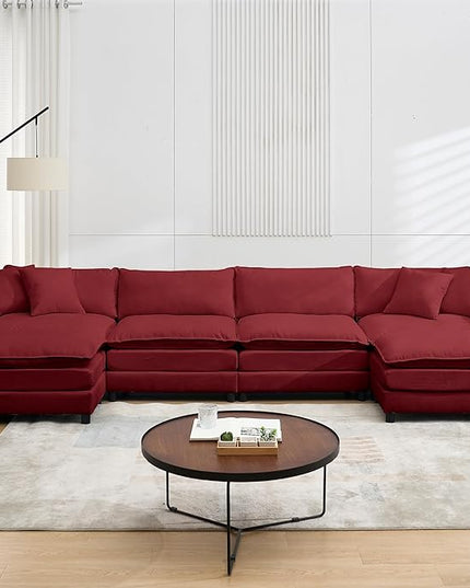 Modular Sectional Sofa,143.31'' Modern Sofa Sleeper Couch,Comfy Cloud Couches with 4 Seat & 2 Ottoman & 4 Pillows Sofa Set,Deep Seat Sofa with Movable Ottoman for Living Room,Chenille (Red, U Shaped)