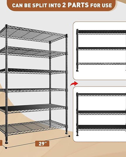 REIBII 71" H Metal Shelves 6 Tier Storage Shelves 1200LBS Adjustable Shelving Units and Wire Shelving Unit Storage Rack Shelf Metal Shelving, 71" H x 29" W x 14" D