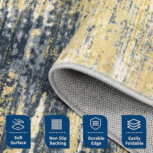 Washable Rug 9x12 Area Rug for Living Room, Non Slip Abstract Rug for Bedroom, Ultra Soft Area Rug, Low Pile Soft Contemporary Indoor Floor Carpet Cover, Yellow/Black