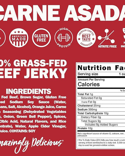 Field Trip Grass Fed Beef Jerky, Healthy Gluten Free Snacks, All Natural, Paleo-Friendly Beef Jerky, High Protein, Low Carb Snack with No Nitrates, 1oz Bag, 12 Pack, Carne Asada