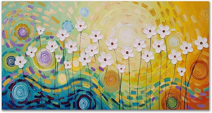 Yihui Arts Hand Painted Textured Floral Oil Painting on Canvas, Vibrant Abstract White Flower Wall Art with Colorful Swirls, Modern Home Decor for Living Room Bedroom