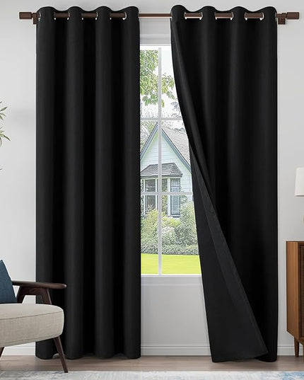 100% Blackout Linen Textured Curtains 90 Inch Length 2 Panels Set for Living Room, Bedroom, Light Weight Curtains with Grommets Top, Full Blackout Curtains Privacy Protection, Black, 52" W x 90" L