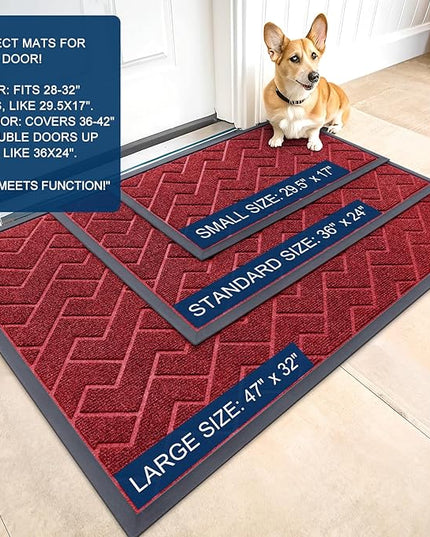 OLANLY Front Door Mat Indoor Outdoor Entrance, Waterproof All-Season, All-Weather Doormat, Sturdy Natural Rubber, Low Profile, Easy Clean Patio Porch Entryway Mat, Herringbone Brick (Wine Red, 71x47)