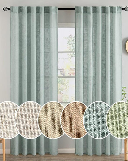 MIULEE Sea Green Linen Curtains 84 Inch Length for Bedroom Living Room, Soft Thick Linen Textured Window Drapes Semi Sheer Light Filtering Back Tab Rod Pocket Burlap Look, 2 Panels, 37x84 Inches