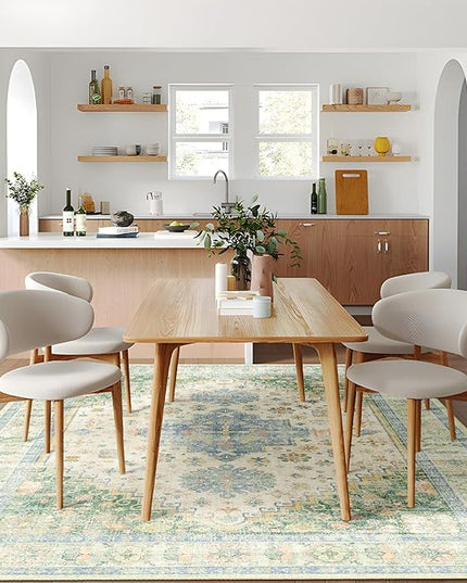MUJOO 5x7 Area Rugs Washable,Boho Rug for Living Room Bedroom Dining Room Office,Large Throw Carpet,Non Slip Big Soft Indoor Low Pile Light Green and Blue