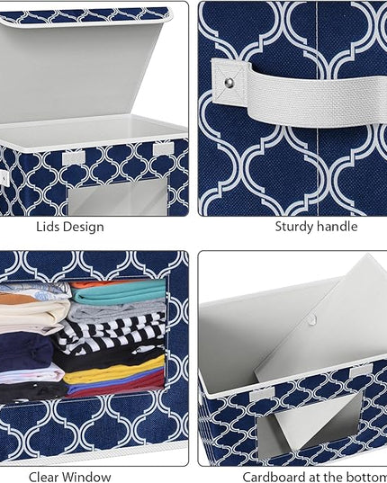 Univivi Fabric Foldable Storage Boxes [4-Pack] Large Collapsible Stackable Storage Bins with Lids, Closet Organizers and Storage Cube Basket for Home, Office, Bedroom (Blue Lantern, 17”x 12” x 12”)