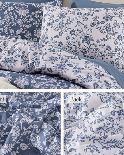 King Comforter Set -7 Pieces Floral Oxford Blue Comforter Set for All Seasons, Bed in a Bag King with Botanical Flowers Comforter, Sheets, Pillowcases & Shams