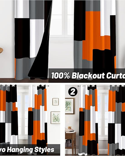 Orange 100% Blackout Curtains for Bedroom 96 inch Long 2 Panels Set Black Grey Modern Abstract Geometric Black Out Curtains Insulated Room Darkening Window Drapes for Living Room, 52Wx96L