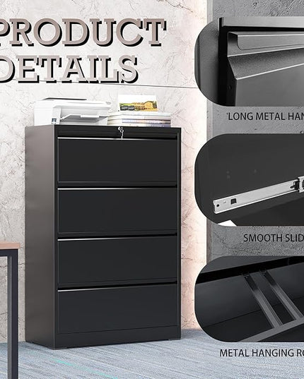 4 Drawer Lateral File Cabinet with Lock, Metal File Cabinet, Lateral File Cabinets for Home Office, Heavy Duty File Storage Cabinet for Legal/Letter/A4 Document, Assembly Required, Black