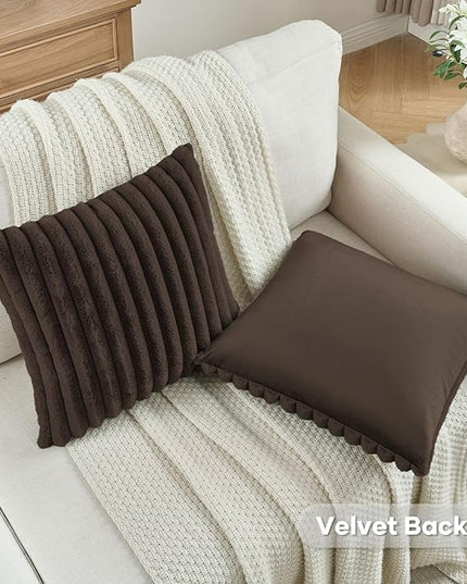 FUTEI Dark Coffee Throw Pillow Covers Set of 2, 20x20 Inch Striped Texture Cushion Cases with Soft Faux Rabbit Fur Front & Velvet Back, Modern Decorative Couch Pillows for Living Room