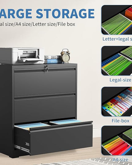 File Cabinets 3 Drawer,Metal Office Storage Filing Cabinet with Lock,Black Lateral Filing Cabinet for Home Office,Horizontal Locking File Cabinets for Legal/Letter/A4,Assembly Require,Black