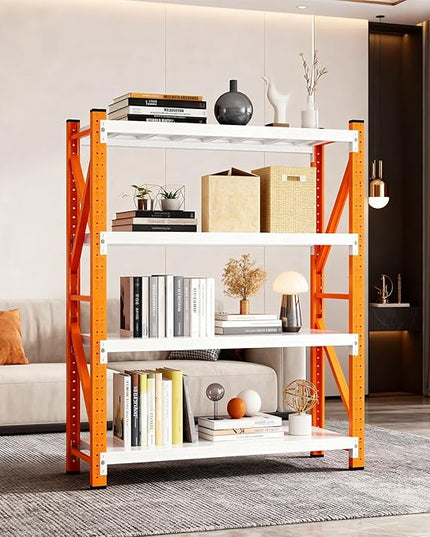 79" H Garage Shelving,3500LBS Heavy Duty Storage Rack,4 Tiers Metal Storage Rack Shelf, Adjustable Shelving Unit for Garage,Kitchen,Warehouse,Basement,78.7" H x 47.2" W x 19.6" D,Orange&White