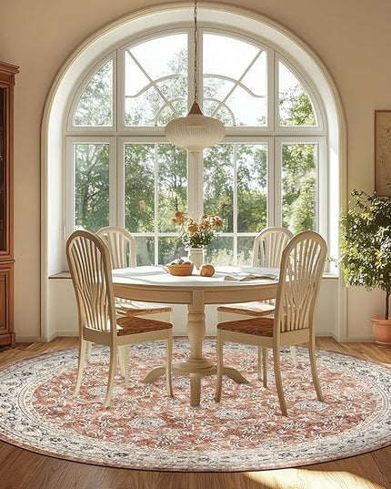 jinchan Round Rug 8ft Washable Circle Soft Rug - Low Pile Vintage 8'Round Indoor Orange Floral Print Stain Resistant Boho Carpet Ultra-Thin Non-Slip for Living Room Bedroom Dining Room Kitchen