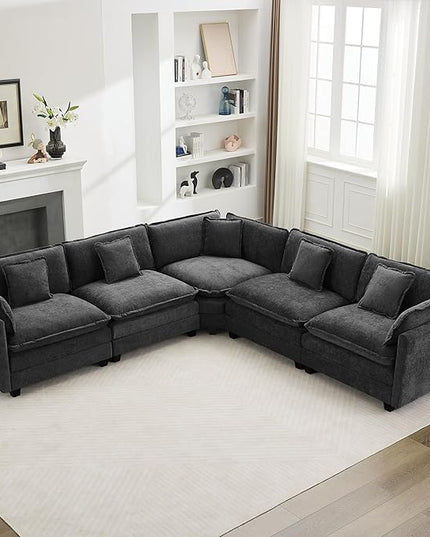 137'' V Shaped Cloud Sectional Sofa, Oversized Deep Seat Couches for Living Room, Chenille Comfy Upholstered Modular Sectional Sofa Couch, Dark Grey