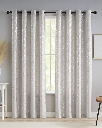 Taisier Home Silver Foil Print Linen Textured Curtains - Geometric Dots Pattern Design for Bedroom & Living Room - Thermal Insulated Window Treatment, 2 Panels, 95" L, Beige & Silver