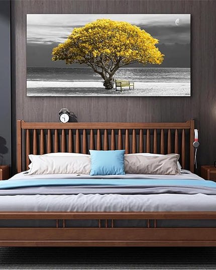 wall art for living room Decorations Photo Prints - panoramic black and white with yellow trees The moon scenery - Modern Home Decor The room Stretched and Framed Ready to Hang artwork 24X48inches