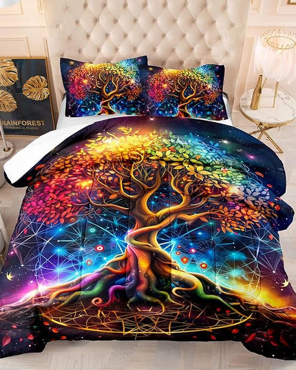 AILONEN Tree of Life Comforter Set Queen Size,Colorful Bohemian Tree of Life Bedding Set,Space Galaxy Starry Duvet Set,Plant Printed Boys Girls Comforter with 2 Pillowcases,3-Piece