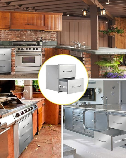 Outdoor Kitchen Drawers 18" W x 21" H x 18" D Flush Mount Double BBQ Drawers with Chrome Handle Stainless Steel Drawer for Outdoor Kitchen Island, Patio Grill Station