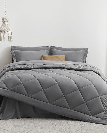 Love's cabin Twin Comforter Set Grey, 5 Pieces Twin Bed in a Bag, All Season Bedding Sets with 1 Comforter, 1 Flat Sheet, 1 Fitted Sheet, 1 Pillowcase and 1 Pillow Sham