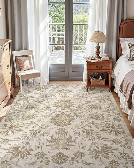jinchan Torino Floral 5x7 Area Rugs, Vintage-Inspired Neutral Design Accent Rug, Machine Washable Ultra-Thin Low-Pile Non-Slip Traditional Carpet for Living Room Bedroom Dining Room Home Office, Taupe
