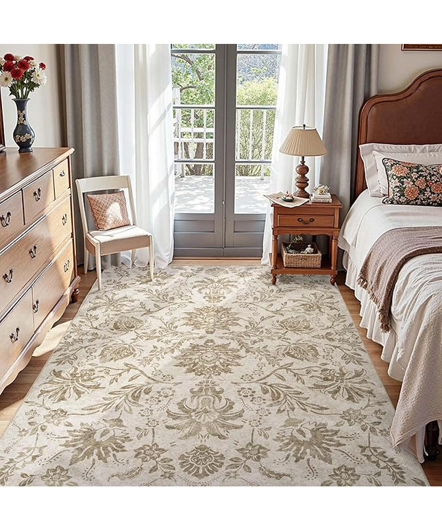 jinchan Torino Floral 5x7 Area Rugs, Vintage-Inspired Neutral Design Accent Rug, Machine Washable Ultra-Thin Low-Pile Non-Slip Traditional Carpet for Living Room Bedroom Dining Room Home Office, Taupe