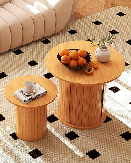 COSVALVE Round Wood Coffee Table 23.6IN with Hidden Storage & Sliding Door, Circle Farmhouse Side Table Sets for Living Room, Bedroom, Balcony, Small Spaces, Natural