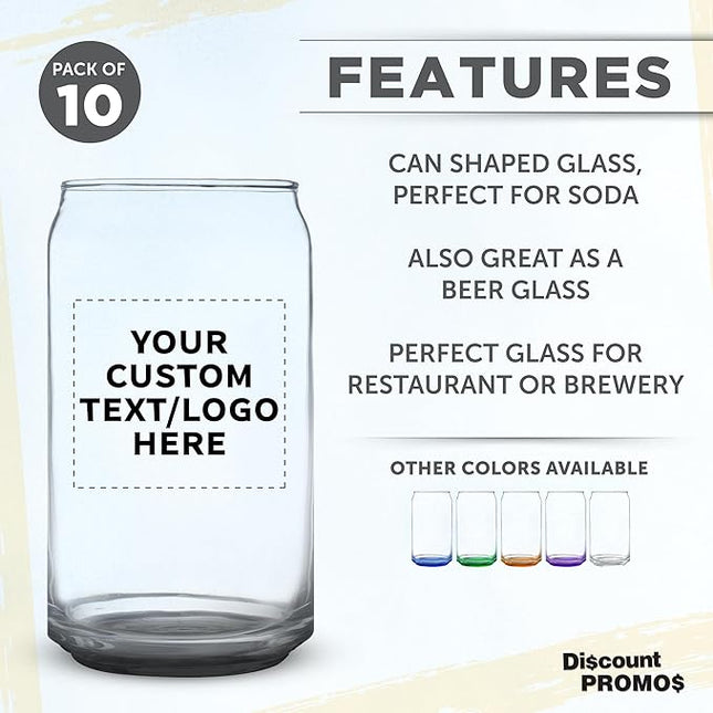 Custom Beer Can Glasses Set of 10, 16 oz. Pint Sized, Promotional Text, Logo, Soda Can Shape, Glassware, Black