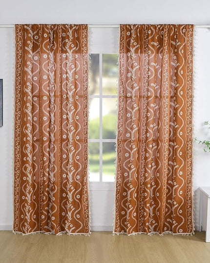 Schweek Rust Orange Boho Curtains 96 Inch Length Linen Curtains for Living Room 2 Panels, Vintage Farmhouse Printed Floral Rustic Curtain Drapes Terracotta