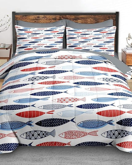 Comforter Set Full Size, Fish Blue Summer 7 Pcs Bedding for Kids and Adults, Sea Cute Ocean Bed Sheet Sets with Fitted Sheet 2 Pillowcases & 2 Shams for Bedroom Bed Decor