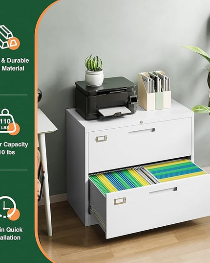 Letaya 2 Drawer Metal Filing Organization Office Cabinets with Lock,Lateral File Cabinets for Home Office Hanging Files Letter/Legal/F4/A4 Size (2 Drawer-White)