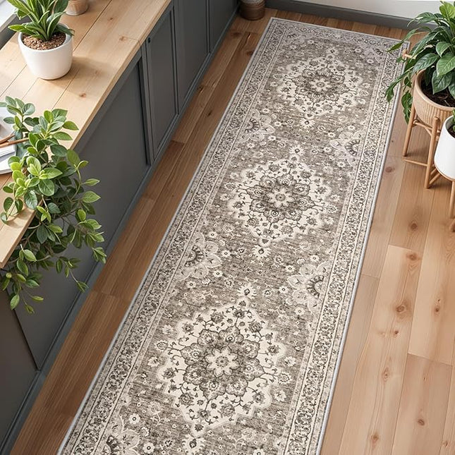 Washable Oriental Hallway Runner Rug - 3x10 Rugs for Living Room Soft Carpet for Bedroom Kitchen Waterproof Floral Distressed Indoor Stain Resistant Non-Shedding Floor Carpets (Beige, 3X10)