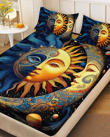 AILONEN Boho Sun and Moon Sheet Set,Celestial Galaxy Starry Space Kids Bedding Twin XL Size, All-Season Soft Microfiber Mandala Exotic Black Bed Sheets,3-Piece,1 Fitted Sheet + 1 Pillow Case