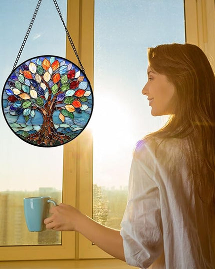 Stained Glass Window Hanging, Colorful Tree of Life Sun Catchers Glass Panel Blue Suncatcher Decor for Birthday for Women, Men, Wife, Aunt, and Mom 6.3 in