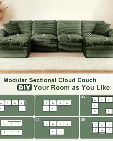 138” Modular Sectional Sofa Couches U Shaped Couch 4 Seater Cloud Sofa Memory Foam Sectional Couches for Living Room, Boneless Couch with Ottoman, Corduroy, Green