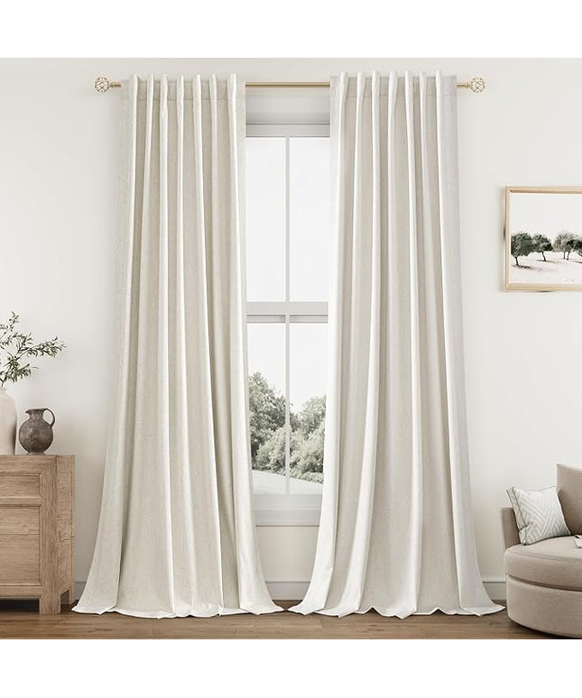 Guken Cream Linen Blackout Curtains 95 Inch Length 2 Panels Set for Living Room Bedroom Back Tab Thermal Insulated 100% Black Out Linen Drapes Room Darkening Window Curtains