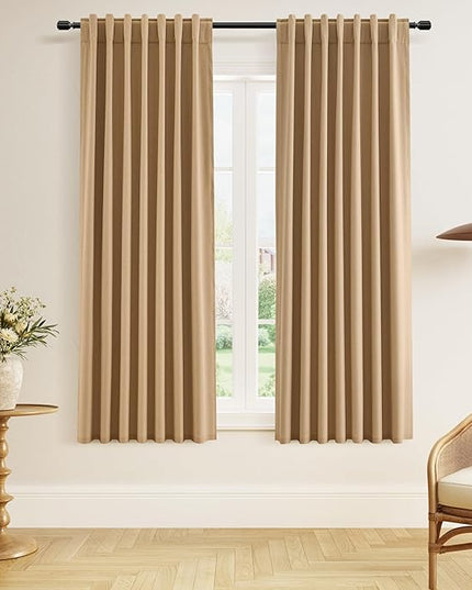 Guken 100% Blackout Linen Curtains 63 Inch Length 2 Panels Set for Living Room Bedroom Back Tab Thermal Insulated Black Out Linen Drapes Room Darkening Window Curtains Camel Brown