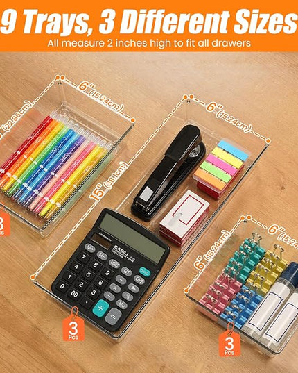9 Pack Clear Plastic Drawer Organizer Set, Acrylic Non Slip Non Cracking Kitchen Drawer Storage Tray Large Size Divider, Multifunctional Storage for Cosmetics, Bathroom, Tools, Kitchen and Office