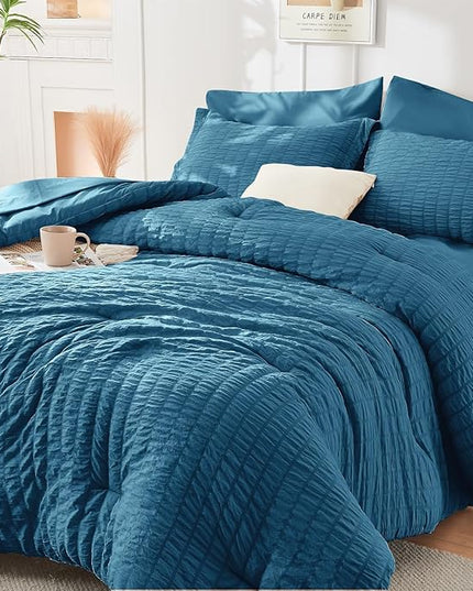 HYMOKEGE Teal King Size Comforter Set Seersucker 7 Pieces, All Season Luxury Bed in a Bag for Bedroom, Bedding Set with Comforters, Sheets, Pillowcases & Shams