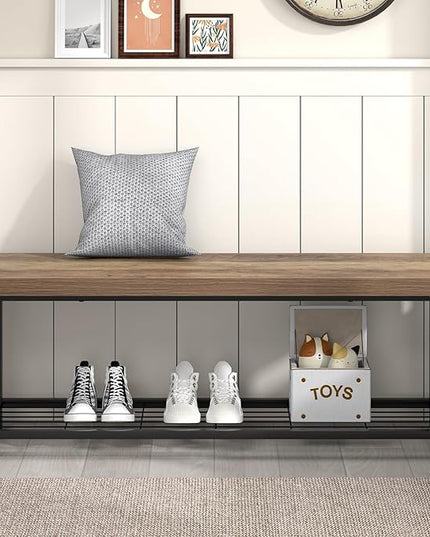 FOLUBAN Entryway Bench, Industrial Wood and Metal Storage Bench with Metal Shelf, Indoor Shoe Rack Bench Seat for Living Room, Bedroom, Hallway, Entrance, Rustic Oak, 47 Inch