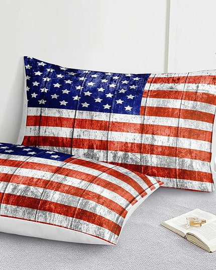 Merryword 8 Pcs Bed in a Bag USA Flag Comforter Set King Size American Flag Bedding Set Wooden Planks Bedding Comforter Set