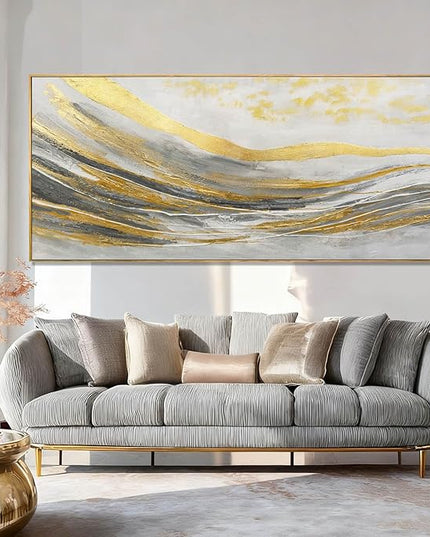 Artexist Abstract Wall Decor White and Gold Line Canvas Art Pictures Vintage Wall Art 32"x70" Large Artwork for Living Room Office Art
