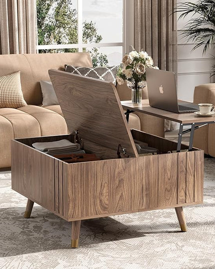 Lift Top Coffee Table, Mid Century Modern Center Table with Large Hidden Storage Compartment, 31.5" Square Coffee Tables for Living Room, Home Office, Walnut