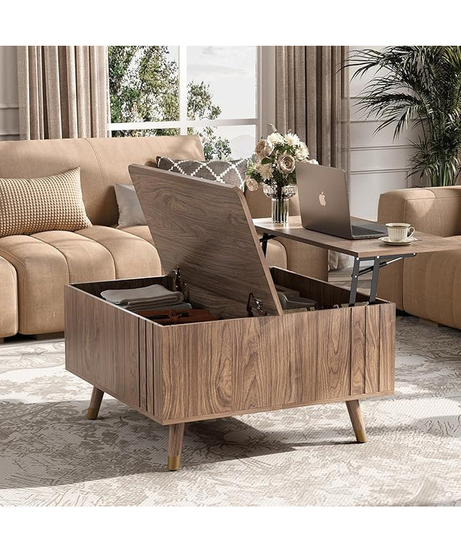 Lift Top Coffee Table, Mid Century Modern Center Table with Large Hidden Storage Compartment, 31.5" Square Coffee Tables for Living Room, Home Office, Walnut