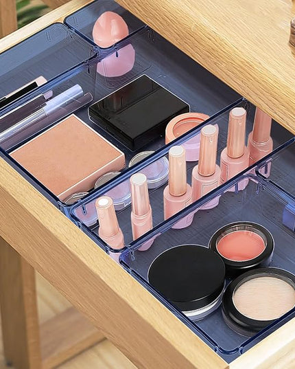 13 PCS Drawer Organizer Set, 5 Varied Size Bathroom and kitchen Drawer cabinet organizer Trays, Clear Storage Bins for Makeup, Jewelry, Utensils and Gadgets, Dark Blue