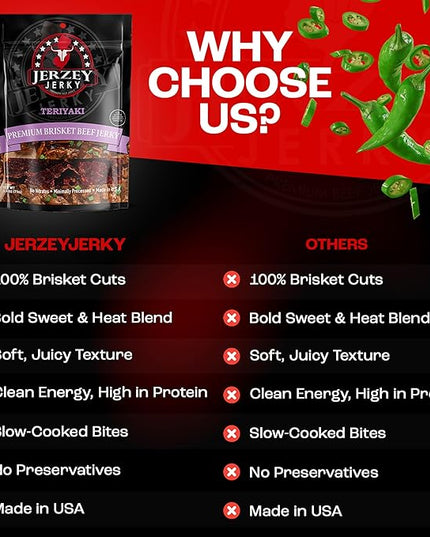 Jerzey Jerky Teriyaki Brisket Jerky 2.5oz (2 Pack) – High Protein, Gluten Free and Healthy Beef Snacks with Rich, Authentic Flavor
