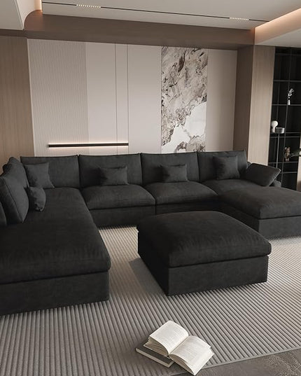 WJShome Cloud Couch for LivingRoom,190" U Shaped Modular Sectional Sofa with Ottoman,Down Filled 9 Seater Convertible Sleeper Sofa Bed Oversized Furniture Sets,Black