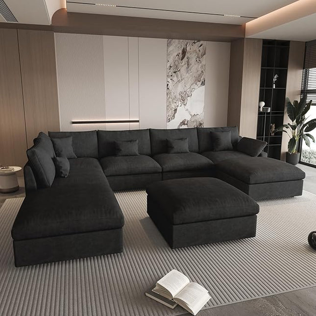 WJShome Cloud Couch for LivingRoom,190" U Shaped Modular Sectional Sofa with Ottoman,Down Filled 9 Seater Convertible Sleeper Sofa Bed Oversized Furniture Sets,Black