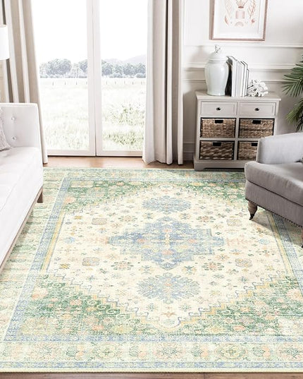 MUJOO 6x9 Area Rugs Washable,Boho Rugs for Living Room Bedroom Dining Room,Large Non Slip Throw Carpet Indoor,Low Pile Light Green and Blue